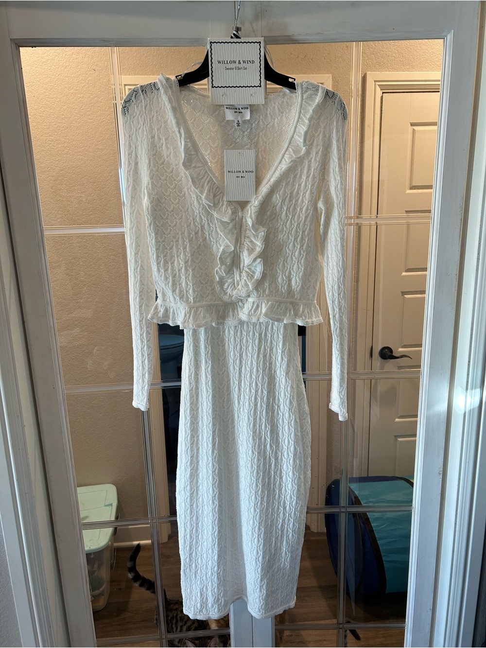 Willow & Wind White Ruffle-Trim Long Sleeve Midi Dress